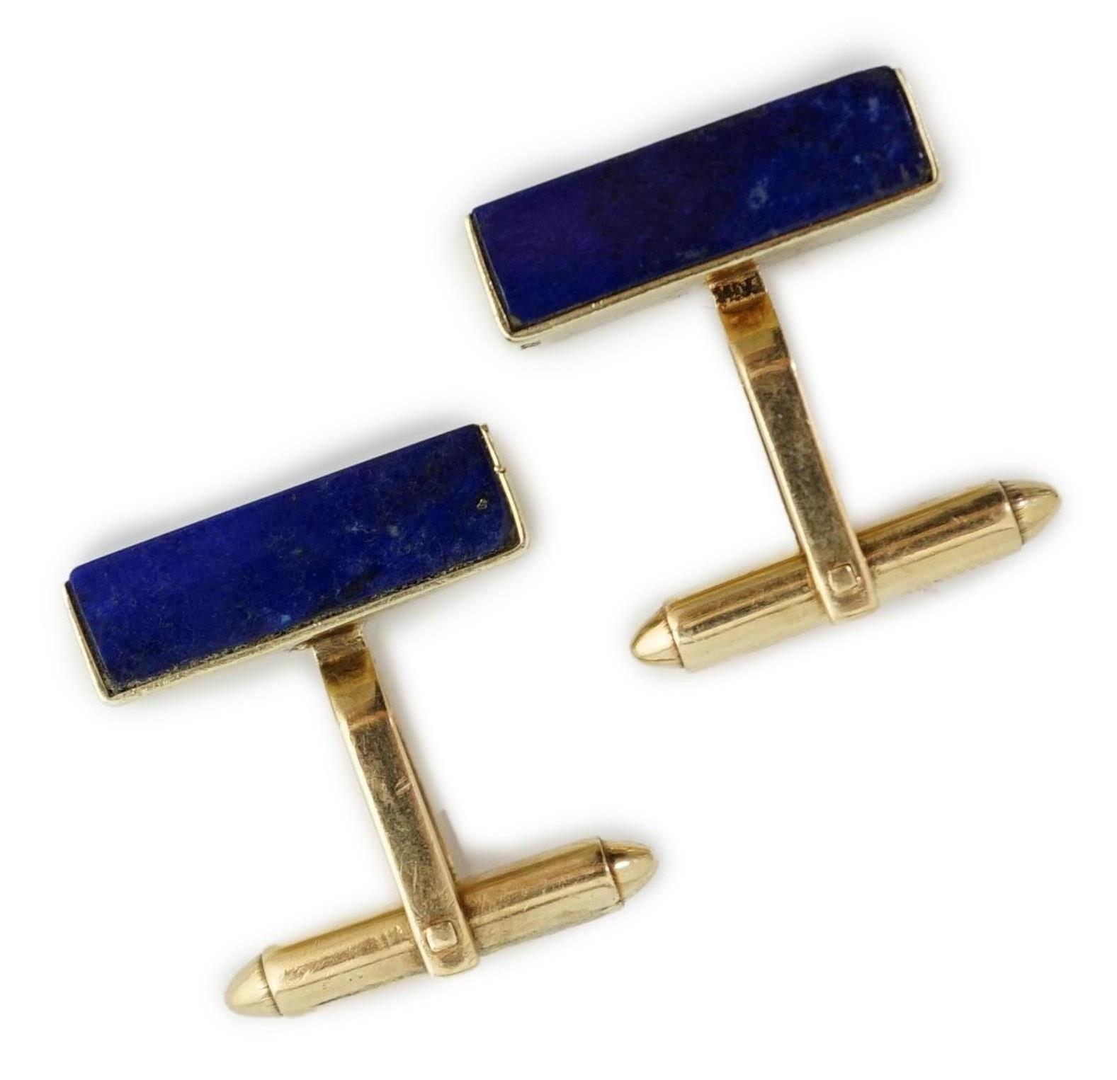 A pair of mid to late 20th century 14k gold and lapis lazuli set cufflinks